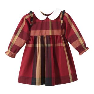 伯米吉童装秋装新款女童裙子枣红色公主裙学院风洋气女宝宝连衣裙