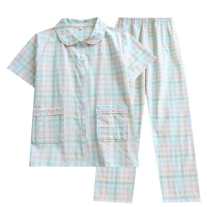 春夏季水洗棉睡衣女日系格子短袖长裤家居服套装薄款纯棉休闲宽松