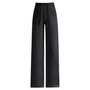 黑色松紧腰加绒保暖休闲长裤女冬款垂感修身直筒裤遮胯显瘦阔腿裤