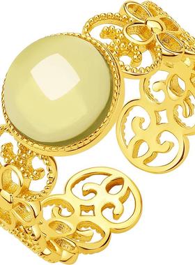 周六福金缕琥珀戒指女S925银黄金色复古轻奢小众送女友本命年礼物