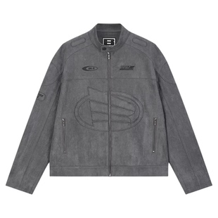 BONELESS刺绣logo麂皮机车夹克秋季美式高街休闲翻领复古外套男