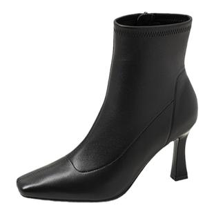 林允同款康莉高跟短靴女冬季新款法式瘦瘦靴真皮加绒细跟小踝靴