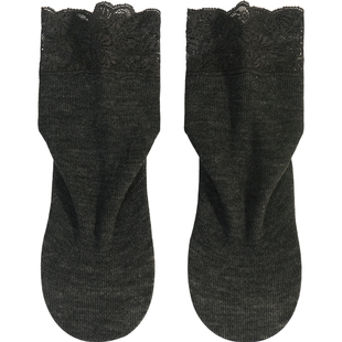 橙乙蕾丝中筒袜女保暖加绒加厚德绒花边短袜子松口地板袜子秋冬季