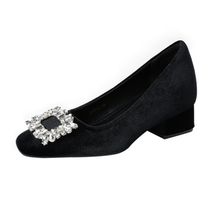 羊皮版~粗跟单鞋女法式高级感水钻方头内增高小个子黑色高跟鞋女