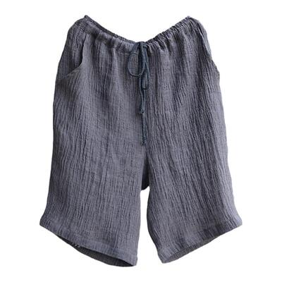 褶皱亚麻休闲透气咖啡色五分裤