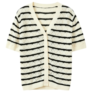 ibudu2025夏季新款条纹针织衫纯棉V领毛衫短款开衫女