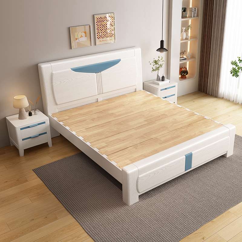 榫卯实木床现代简约1.8米主卧双人床1.5米北欧拼色压纹白色储物