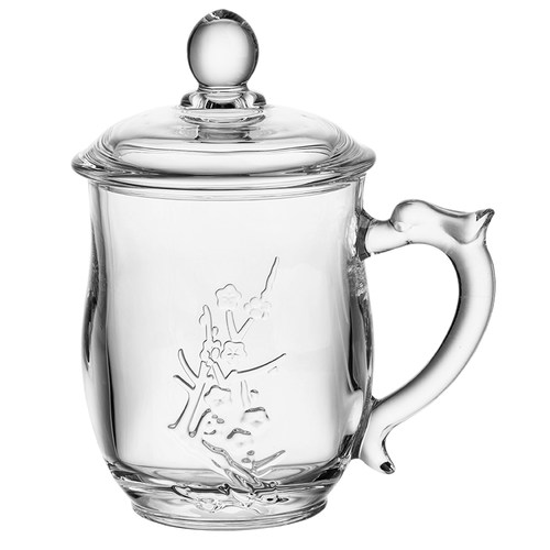 梅兰竹菊加厚耐热玻璃茶杯带盖带把手办公室家用泡茶杯大容量套装