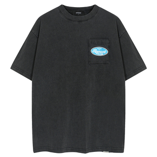 Represent蓝色logo字母印花复古洗水做旧美式高街男女宽松短袖T恤