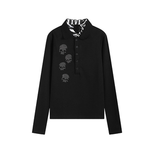 y2k亚文化假两件长袖女秋冬季POLO领修身显瘦卫衣朋克视觉系上衣