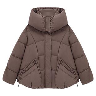 Basic House/百家好黑色连帽短款设计感羽绒服冬季宽松加厚外套女