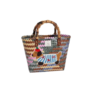 澜泽诗普手工卡通编织菜篮子可爱刺绣小狗编织百搭手提包收纳包