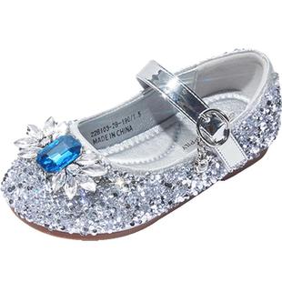 斯纳菲儿童皮鞋女童爱莎公主水晶鞋2025春秋新款银色软底小宝宝鞋