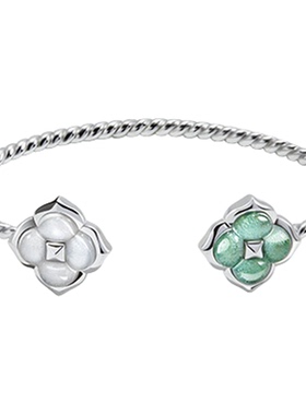 HERBE合璧 柿蒂纹样双花银色手镯麻花编织开口镯日常通勤百搭女款