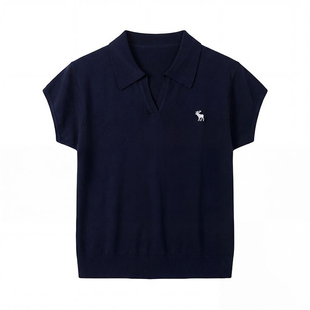 100%天丝莱赛尔休闲风V领短袖针织衫T恤女藏蓝色修身显瘦百搭上衣