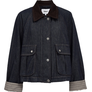 ONLY2025冬季新款工装风大口袋撞色条绒翻领宽松插肩牛仔外套女