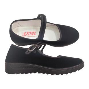 3539黑色平绒鞋平底酒店工作老北京布鞋女童舞蹈礼仪鞋方扣低跟鞋