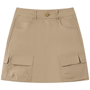 Halo Luu 卡其色工装裙女夏季薄款韩系复古高腰显瘦短款a字半身裙