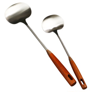 实木蘑菇铲子304不锈钢小锅铲家用炒勺铁锅铲炒菜勺子套长柄锅铲