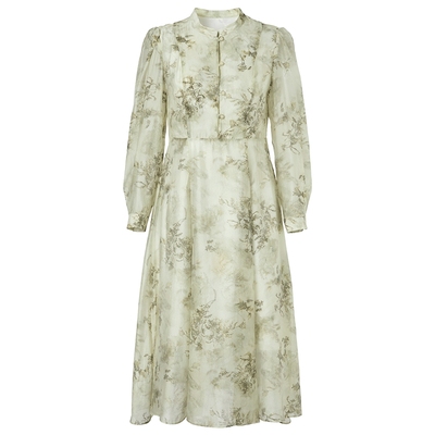 马天奴绿色印花立领收腰连衣裙