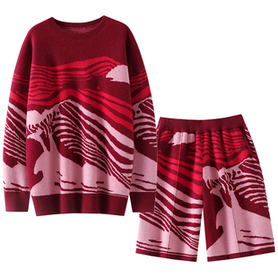 气质养人~复古抽象提花加厚100%纯山羊绒衫廓形密织毛衣短裤套装