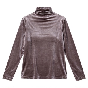 Basic House/百家好美拉德咖色金丝绒半高领打底衫女冬季内搭上衣