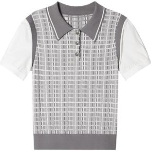 [智性学院风]诗篇专选格纹拼接假两件短袖polo衫针织衫夏款