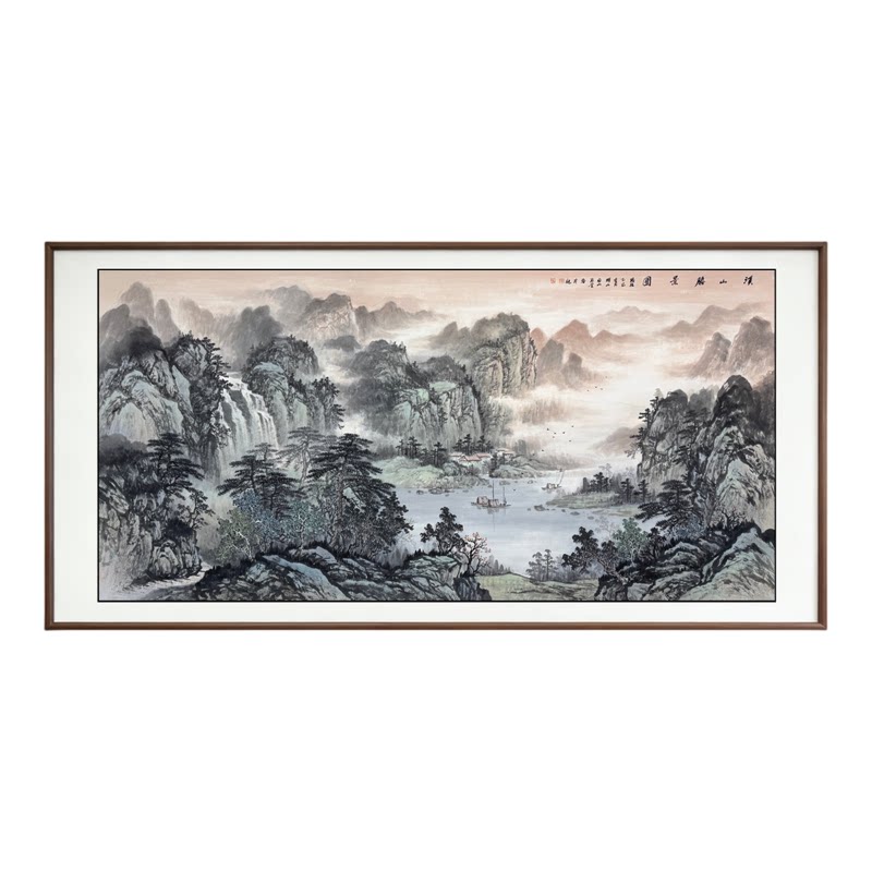 国画聚宝盆山水画靠山图客厅沙发背景墙挂画办公室八方聚财装饰画
