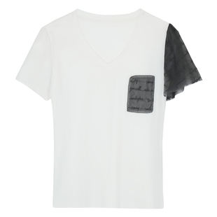 莱芙·艾迪儿法式不对称蕾丝荷叶袖设计感上衣女针织棉V领T恤