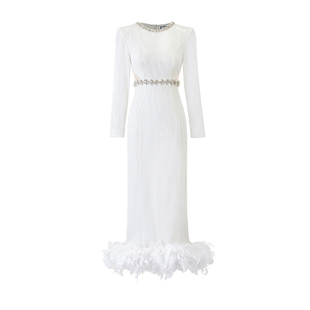 Misi.Camii2024新款女士名媛气质钻饰羽毛摆珠片长款礼服连衣裙