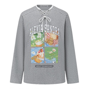 绒耳朵儿陈少熙同款Alexia Sandra四格印花灰色2025秋季长袖T恤女