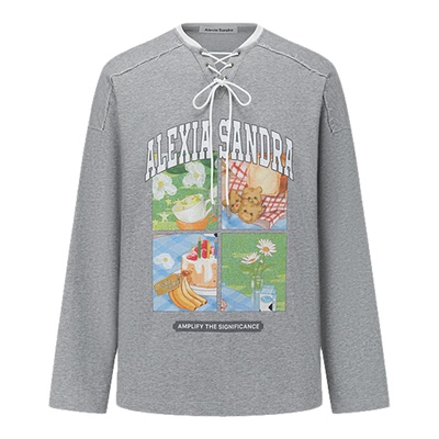 四格印花系带领口长袖T恤