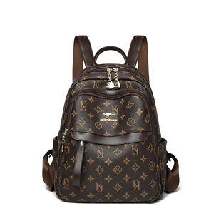 袋鼠正品真皮双肩包2025新款女士背包旅游轻便双肩背包印花软牛皮