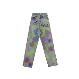 傅菁同款[招财熊]LALABOBO复古重磅工喷印男友牛仔裤|LBDA-WXZC52