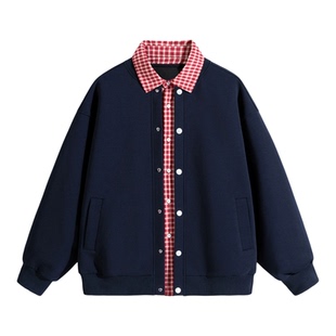 悟空有货假两件格子拼接衬衫领开衫卫衣男女秋季宽松韩系情侣外套