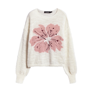 Desigual26春夏新品宽松肌理樱花提花米色女式针织衫