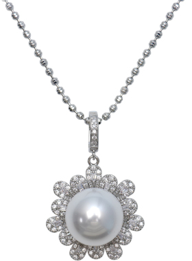 方糖家缎面澳白色珍珠花朵项链