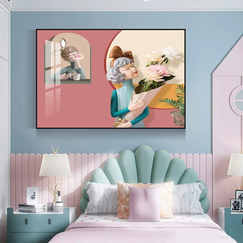 泡泡女孩房间装饰画卧室床头背景墙壁画北欧粉色小清新儿童房挂画
