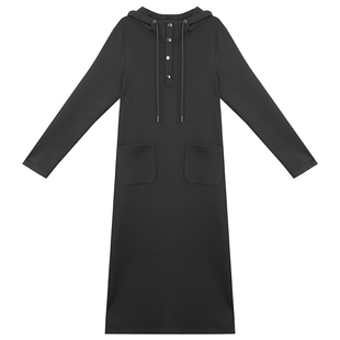 柒院微胖大码抽绳连帽通勤长袖连衣裙2025秋冬宽松遮肉显瘦中长裙