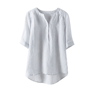 亚麻衬衫女2021夏季新款舒适百搭棉麻文艺范简约五分袖条纹衬衣薄