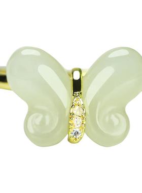 巧玉月色和田玉镶嵌蝴蝶食指戒指