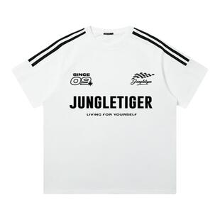 丛林老虎美式三条杠赛车短袖t恤男街头运动潮牌白色重磅纯棉半袖