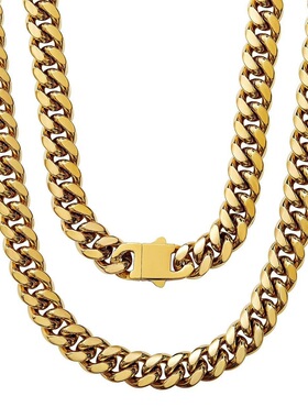 18K金色钛钢古巴链大金链项链