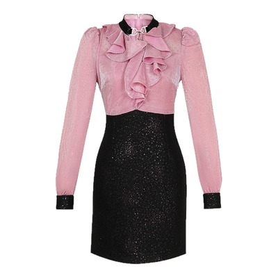 气质荷叶边领收腰撞色包臀连衣裙