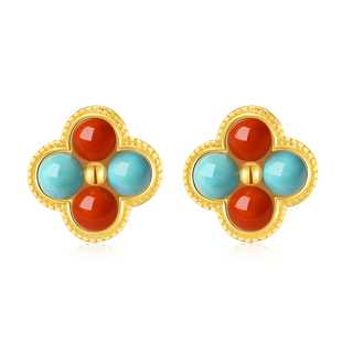 天然原矿绿松石南红四叶草耳钉女款银镶多巴胺色2025新款彩色耳饰