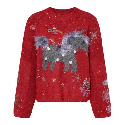 TCH时尚烫钻红色休闲宽松圆领毛衣针织衫女25冬季新款T75D09E1238