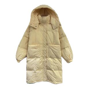 奶fufu淡黄色羽绒服女中长款2023年冬新款连帽过膝加厚小个子外套