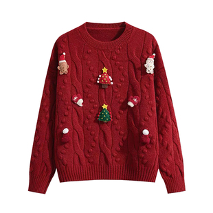 专柜2025圣诞毛衣女士秋冬慵懒风宽松圆领红色氛围感穿搭针织上衣