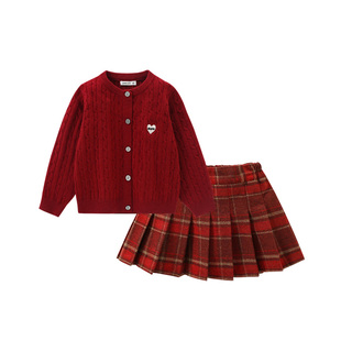 sesameclub女童套装2026年过年儿童红色女孩衣服毛衣新年jk裙子