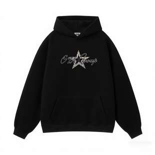 STA旗舰店美式潮牌小众设计感连帽卫衣男女秋冬季加绒黑色外套